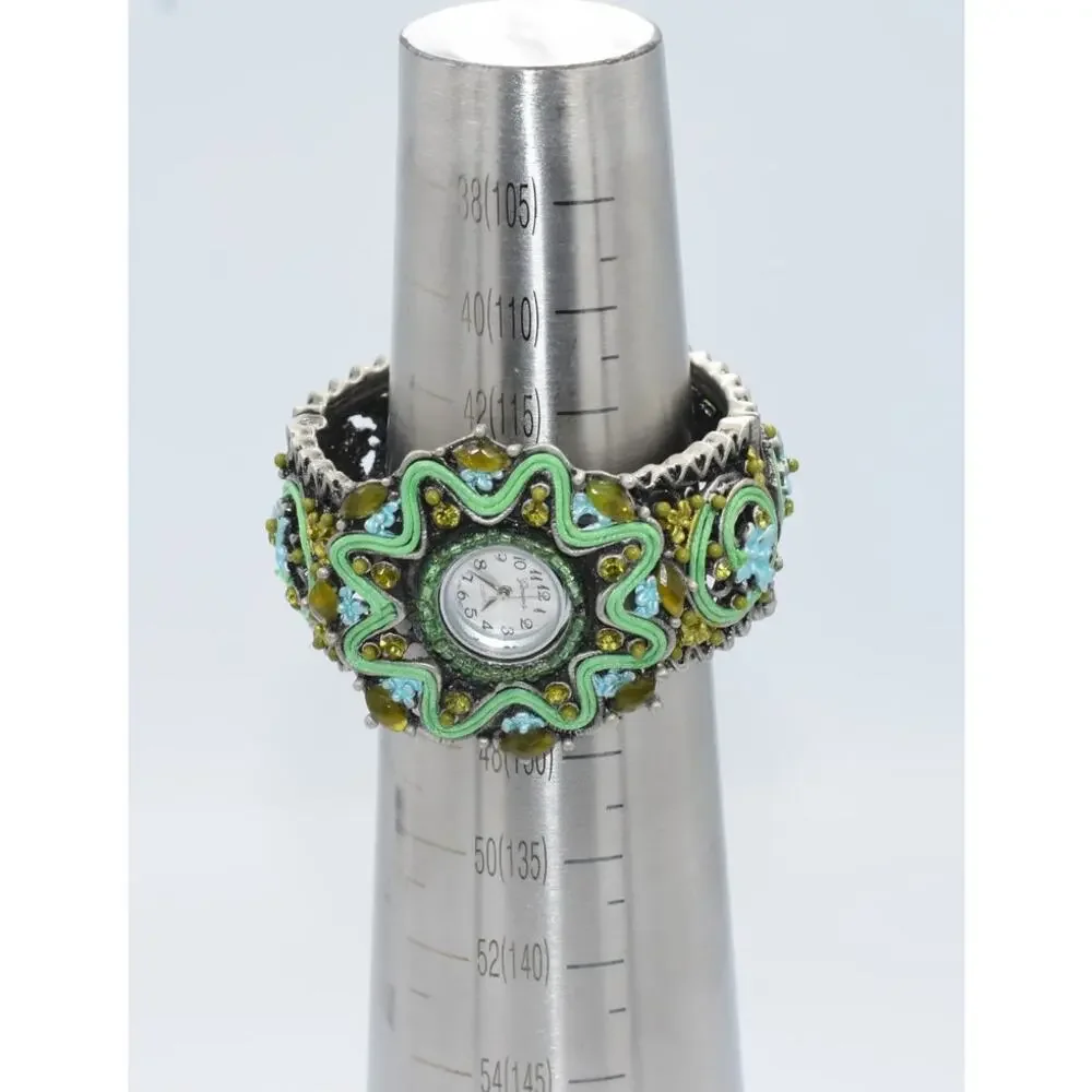 Geneva Couture Ribbon Soutache & Crystal Ornate Quartz Cuff Watch NEW BATTERY